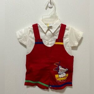 Vintage 80s 6-9 Month Baby Boy Never Worn Red Overall 2 Piece Set Bear Sailboat
